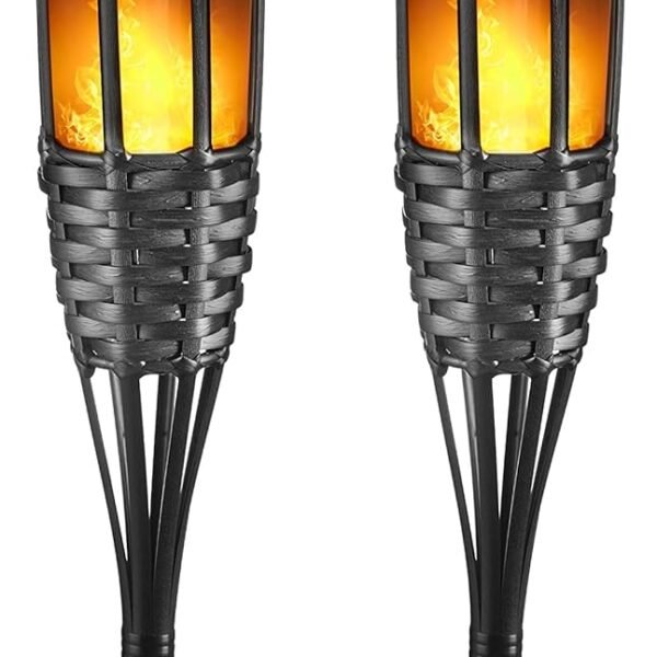 Lapsnail Solar Flickering Flame Torch Lights – Handmade Rattan Solar Garden Lamps (4-Pack)
