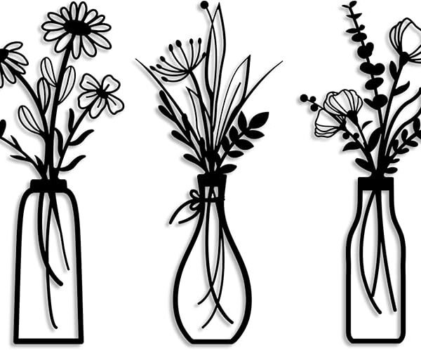 Pigort 3-Piece Black Metal Flower Wall Art – Rustic Minimalist Wall Decor for Living Room & Bedroom