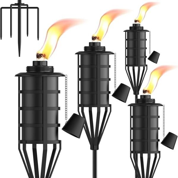 21–22 oz Outdoor Metal Garden Torches – 4-Pack with 5-Prong Ground Stakes