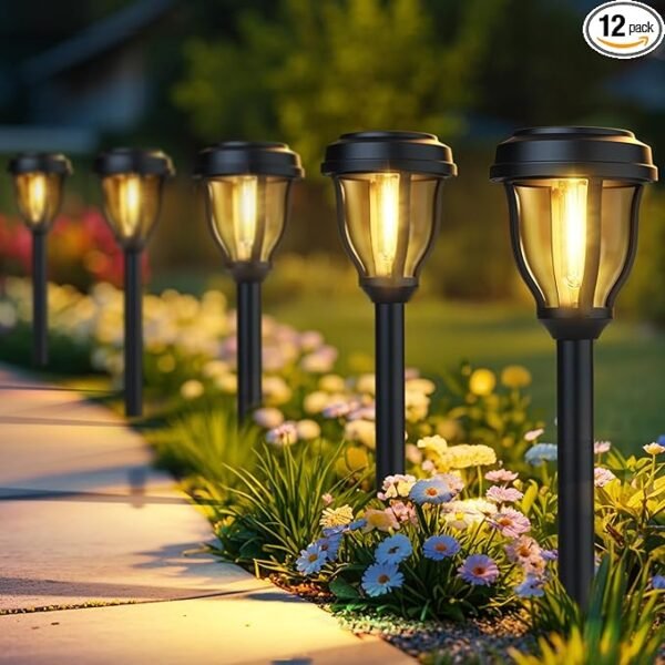 DERAYSION 12-Pack Solar Outdoor Pathway Lights – Waterproof Warm-White Garden & Yard Lighting