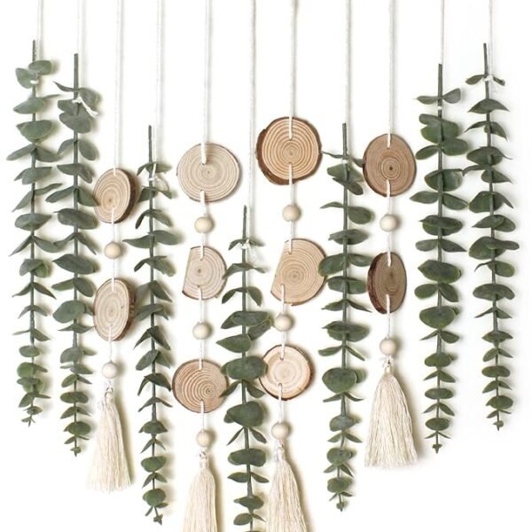 GIAUMA Boho Hanging Artificial Eucalyptus Wall Decor – 16.5″ Wooden Stick Rustic Greenery