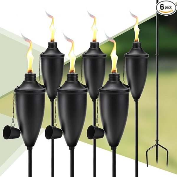 22 oz Metal Citronella Torches – 6-Pack Outdoor Garden & Patio Torches with Ground Stake