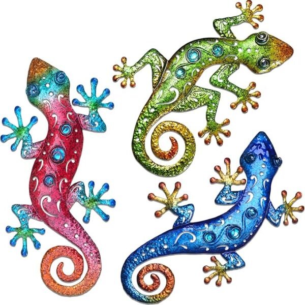 Tuokiuhn 3-Pack Metal Gecko Wall Art – Weather-Resistant Outdoor Lizard Décor (≈13.5″)
