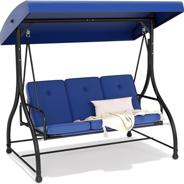 FUNG YARD 3-Seat Outdoor Patio Swing with Canopy – Heavy-Duty Steel Frame & Reclining Bench