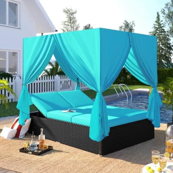 All-Weather Rattan Patio Sunbed with Canopy – Adjustable Outdoor Lounge Bed for 2-6 People