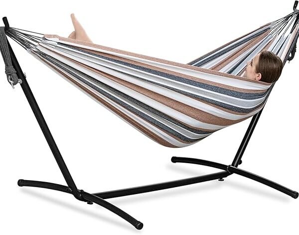 PNAEUT Double Hammock with Stand – Portable Cotton-Rope Hammock & Heavy-Duty Steel Stand for Patio, Garden & Camping (450 lb Capacity)