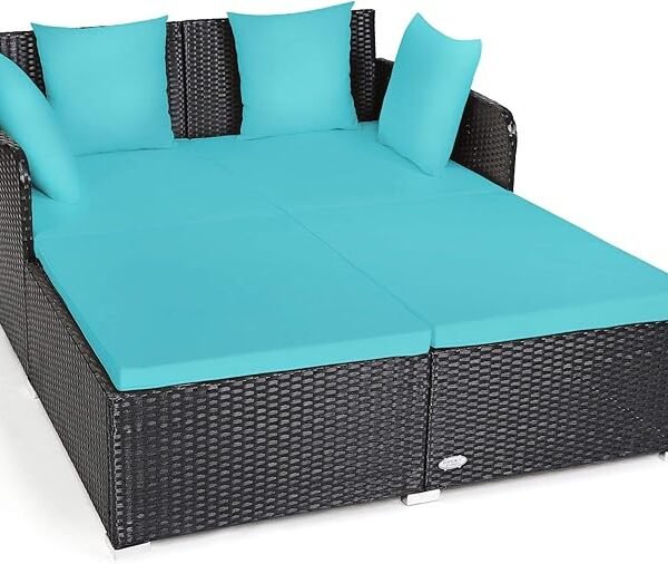 Tangkula Outdoor Rattan Daybed – Spacious Wicker Sunbed with Cushions for Patio, Garden & Poolside