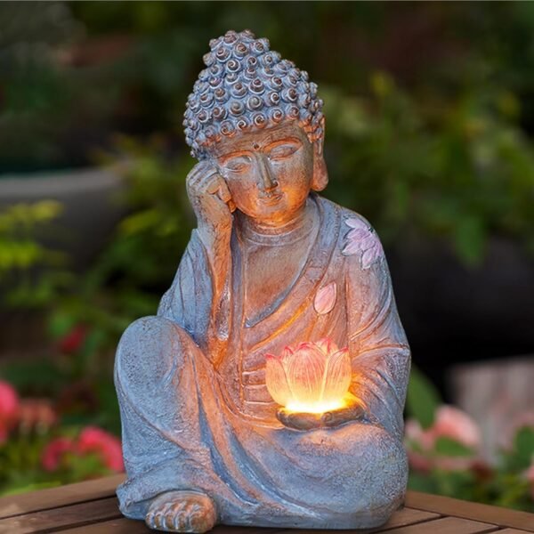 Thumok 11.8″ Solar Buddha Statue with Lotus LED Light – Waterproof Garden & Patio Zen Decor