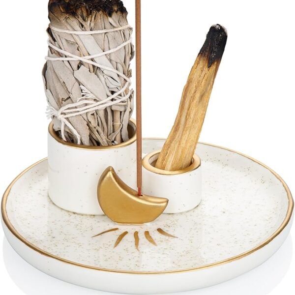 ZenBless 4-in-1 Ceramic Incense & Candle Holder – Moon-Style Ash Tray for Sage, Palo Santo, Incense & Candles