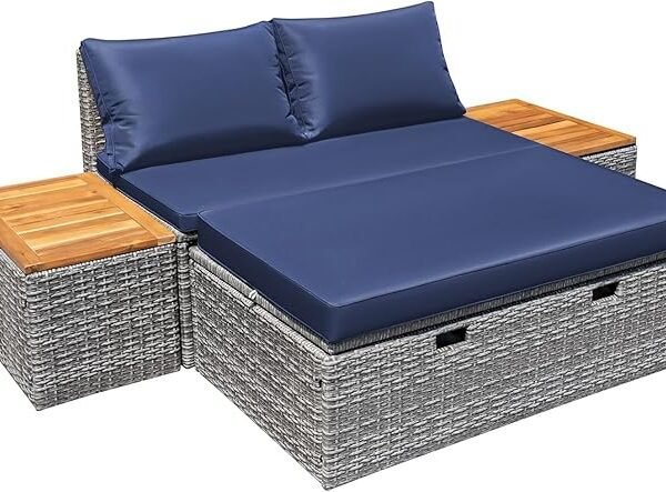 Devoko Patio Day Bed Outdoor Daybed Set – Rattan Lounge Bed with Side Tables for Backyard, Pool & Porch