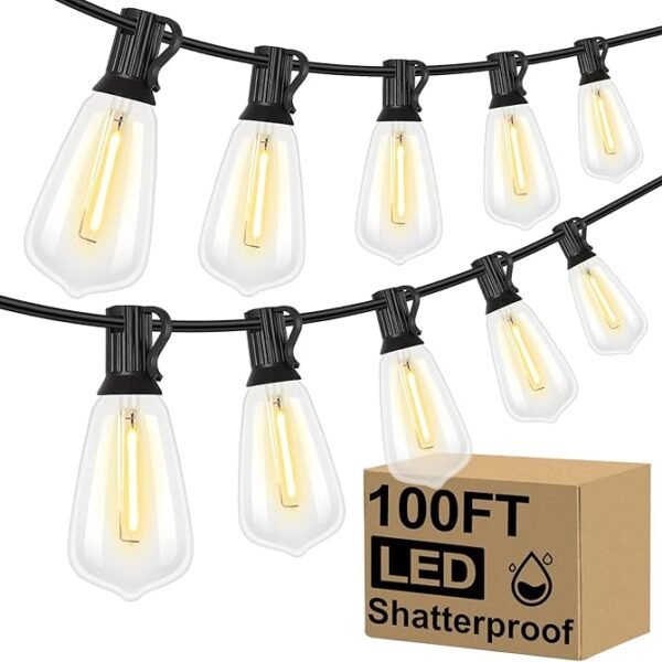 Brightever 100 ft Outdoor LED String Lights – Waterproof, Shatterproof Patio & Garden Hanging Lights (52 Vintage Edison Bulbs)
