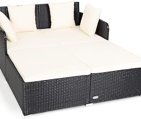 Tangkula Outdoor Rattan Daybed – Spacious Wicker Sunbed with Cushions for Patio, Garden & Poolside