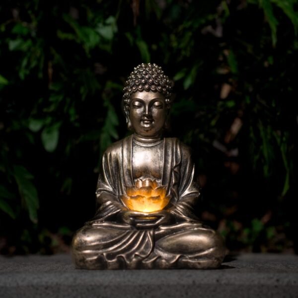 Buddha Lotus Solar Statue – Outdoor LED Resin Garden Décor for Patio, Pathway & Zen Garden