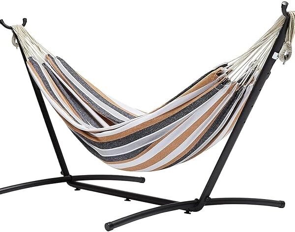 Amazon Basics Double Hammock with Steel Stand & Carry-Case – 470 lb Capacity Outdoor Cotton-Blend Hammock for Patio, Garden, Camping