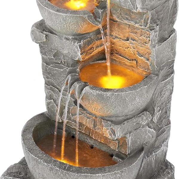 Teamson Home 33.25" Cascading Bowl Outdoor Water Fountain – LED Stacked-Stone Garden Waterfall for Patio, Deck & Lawn