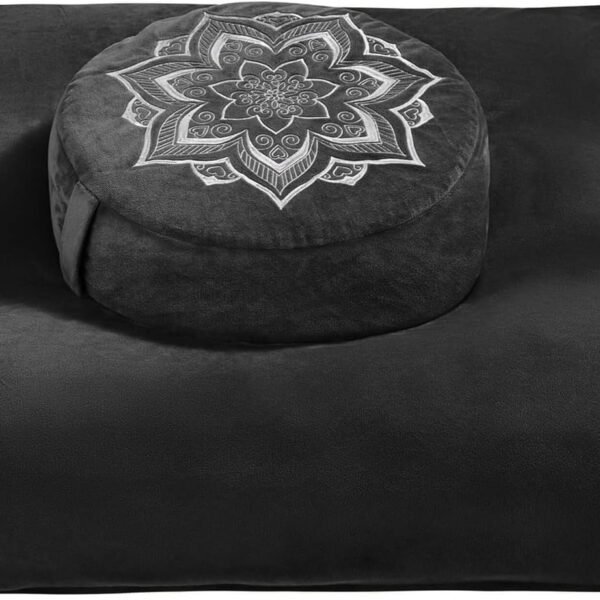 hunnidspace Zafu Cushion Set – Buckwheat & Memory Foam Meditation Pillow + Washable Floor Mat