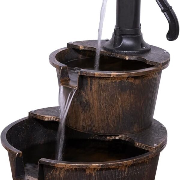 Alpine Corporation 2-Tier Rustic Barrel Water Fountain – 27" Outdoor Pump Fountain for Garden, Patio & Deck Decor