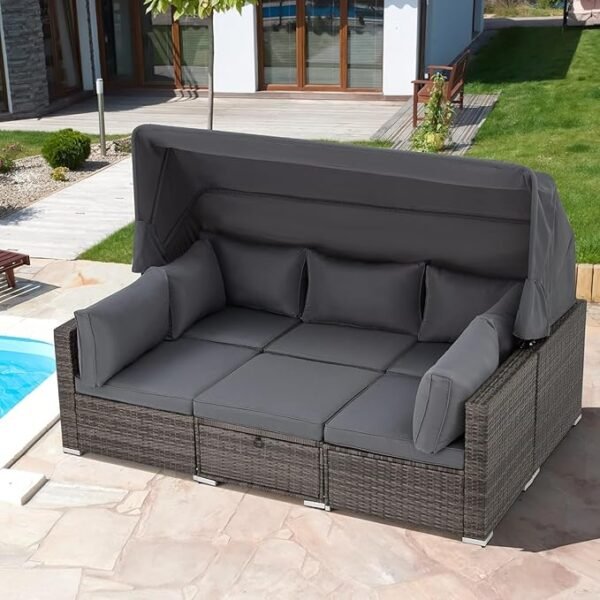 HOMREST 6-Piece Convertible Patio Furniture Set – Wicker Sofa & Sunbed with Retractable Canopy for Garden, Backyard & Poolside