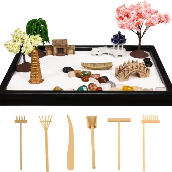 Yoquare 10″×7″ Mini Zen Garden Kit – Complete Desk Sand Garden with Rakes, Stones & Pagoda