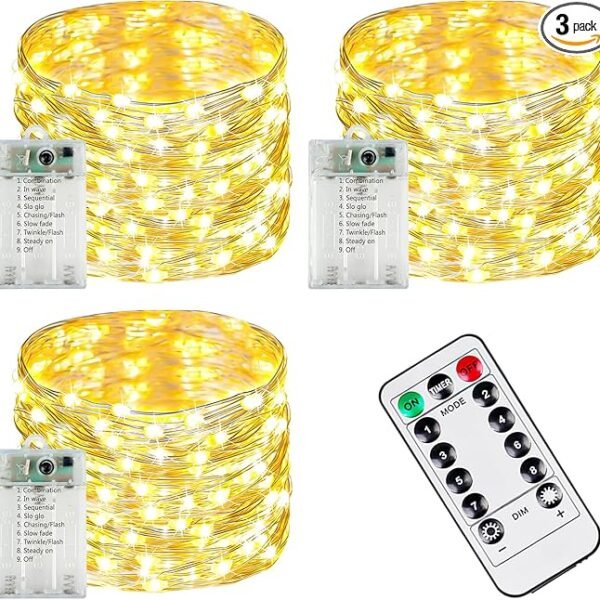 3-Pack 78ft Battery-Operated LED Fairy Lights – Waterproof 240-LED String Lights with Remote & Timer