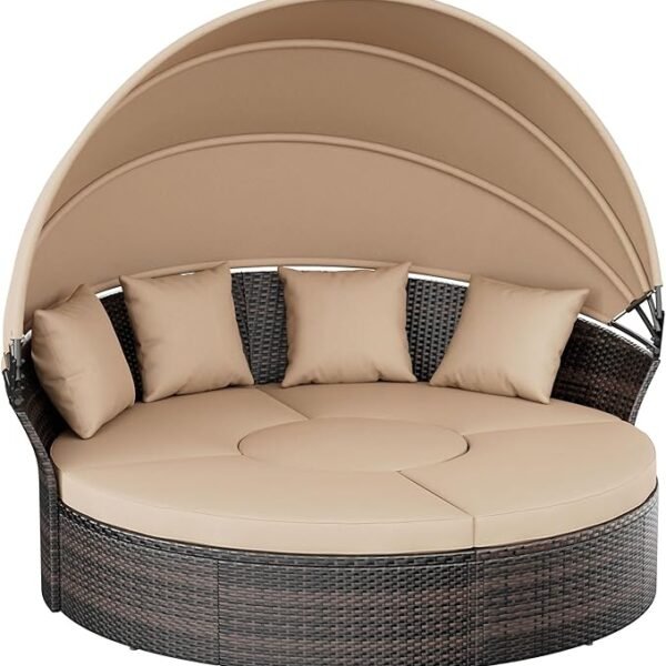 Crownland Round Outdoor Daybed with Retractable Canopy – Wicker Patio Day Bed for Garden, Poolside & Backyard Relaxation