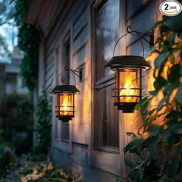 Otdair 2-Pack Waterproof Solar Lanterns – Flickering Flame LED Hanging Lights for Patio, Garden & Porch