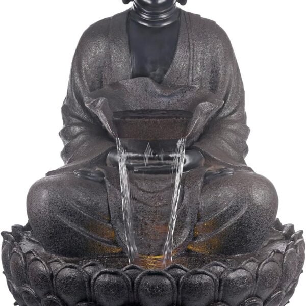 Alpine Corporation 53″ Outdoor Buddha Waterfall Fountain – Stone-Look Garden Water Feature with LED Lights & Cascading Water