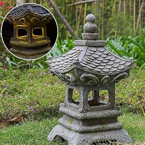 Aloak 14-Inch Solar Japanese Pagoda Garden Lantern – Outdoor Resin Zen Statue Light