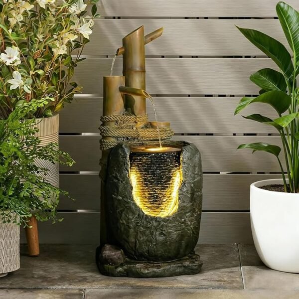 31" 3-Tier Bamboo & Imitation Rock Outdoor Water Fountain – Garden Waterfall with LED Lights