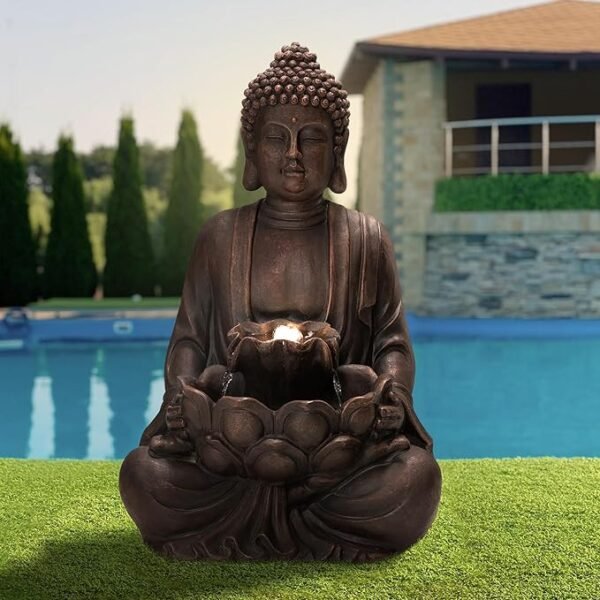 Glitzhome 23.25″ 2-Tier Buddha Fountain – LED Zen Waterfall Fountain for Garden, Patio & Backyard