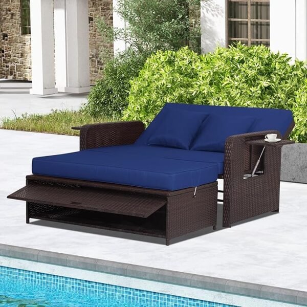 Convertible Outdoor Wicker Patio Sofa — All-Weather Rattan Garden Couch with Cushions