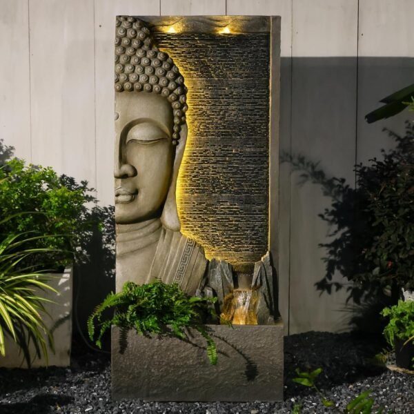 Tankana 47.5″ Outdoor Buddha Waterfall Fountain – LED-Lit Zen Garden Water Feature