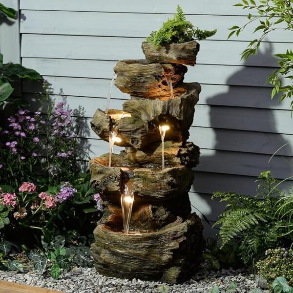 Sunlinua 40.5″ 5-Tier Outdoor Water Fountain – Cascading Garden Waterfall with LED Lights (Resin Imitation Wood)