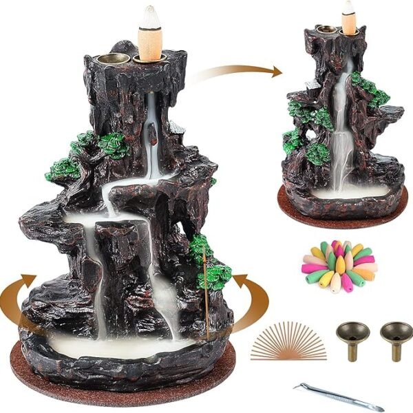 SPACEKEEPER Two-Sided Waterfall Backflow Incense Burner – Ceramic Aromatherapy Holder with 120 Cones & 30 Sticks