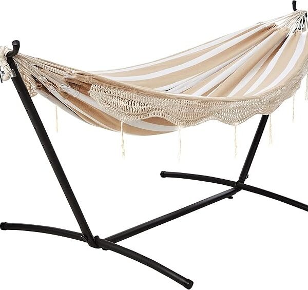 Amazon Basics Double Hammock with 9-Foot Steel Stand & Carrying Case – Outdoor Cotton-Poly Hammock for Patio & Garden (450 lb Capacity)