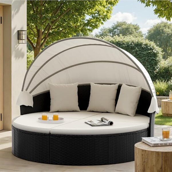 KaiMeng Round Outdoor Daybed with Retractable Canopy – Wicker Patio Sofa for Garden, Pool, Backyard