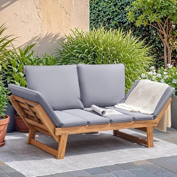 Devoko Convertible Acacia Wood Outdoor Sofa – Folding Patio Couch with Cushions for Porch, Balcony & Poolside