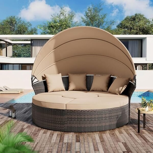 Crownland 64″ Round Outdoor Canopy Daybed – Wicker Patio Bed with Retractable Roof & Cushions