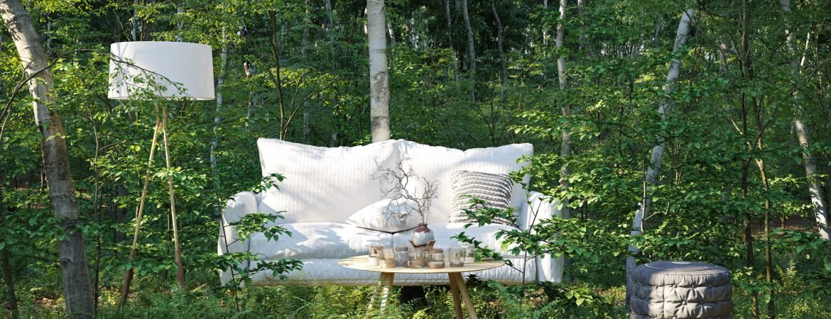 sofa in the forest. Conceptual 3d illustration