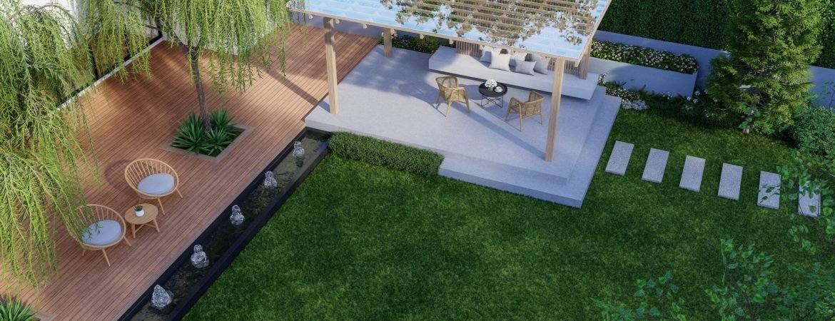 Top view of modern contemporary style green garden with wooden terrace and glass roof pavilion 3d render, there are empty green lawn decorated with black tiled pond with fountain.
