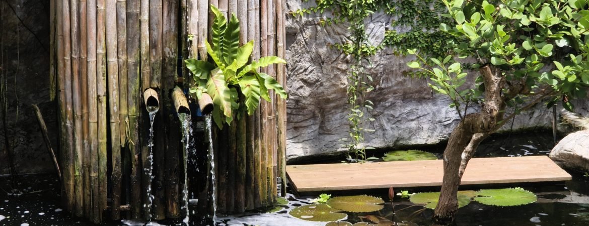 Serene pond complete with a beautiful waterfall and fish swimming gracefully.