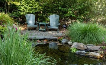 Landscape architecture with pink flowers and ornamental grasses for summer garden with water feature